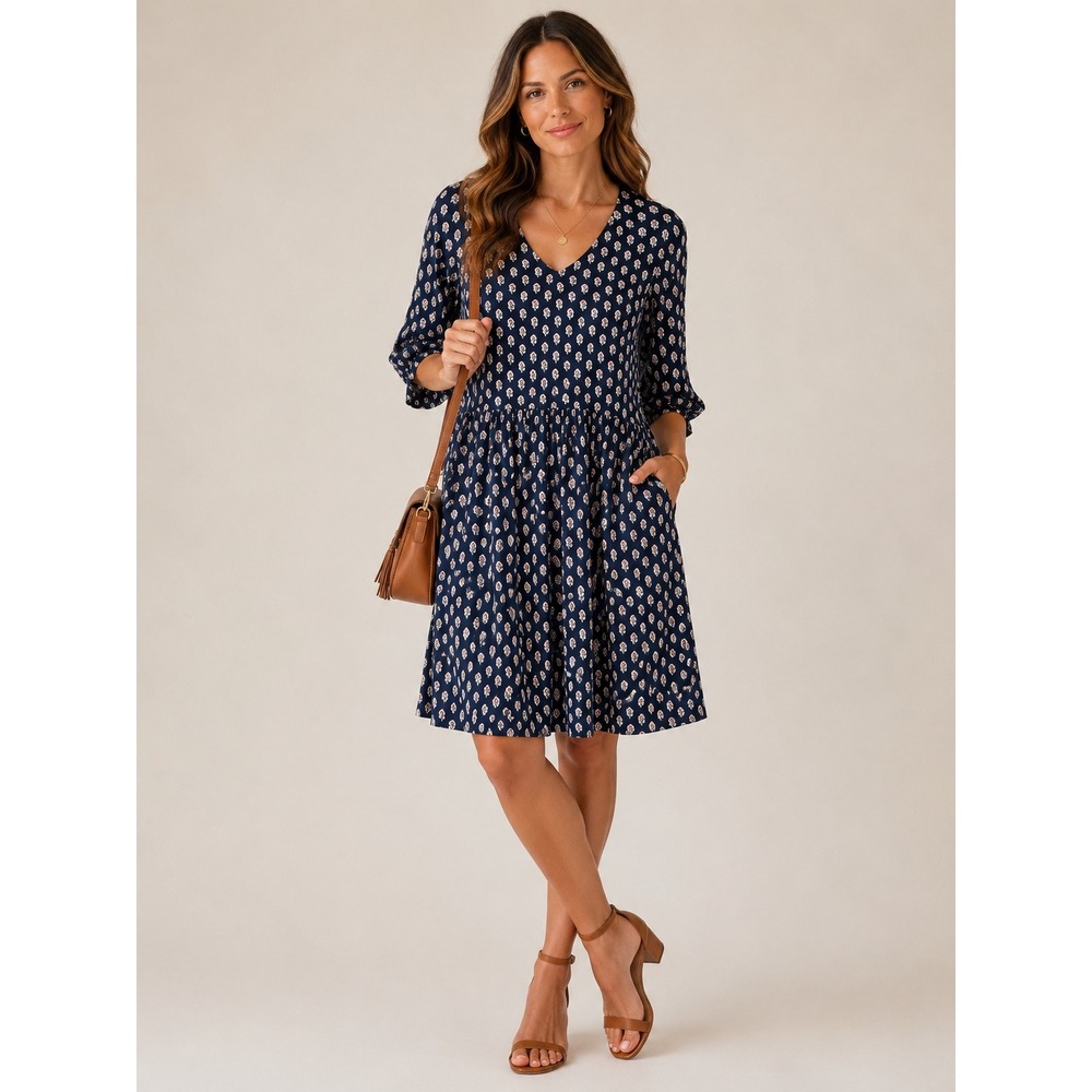 Garnet Hill Navy Blue Geometric Print V-Neck Dress  4